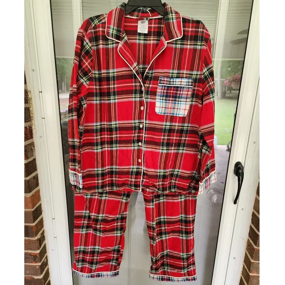Lands' End Womens XLarge 100% Cotton Flannel Red Plaid Pajama Set Pockets